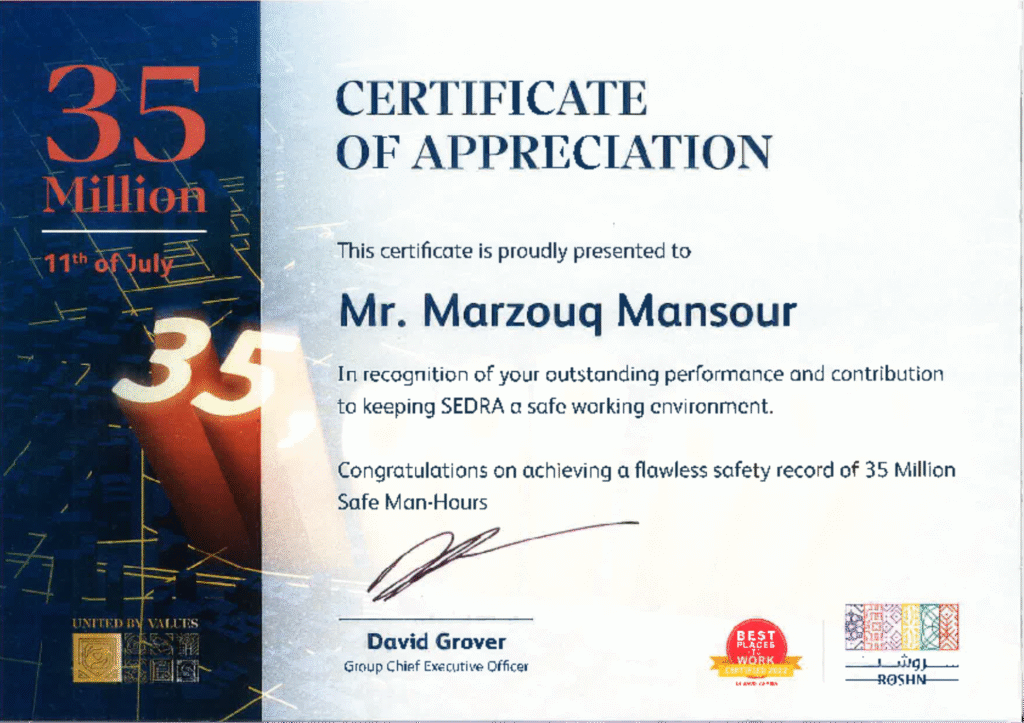 35 million safe man-hours on ROSHN Sedra 1 – Rezaik Al Gedrawy